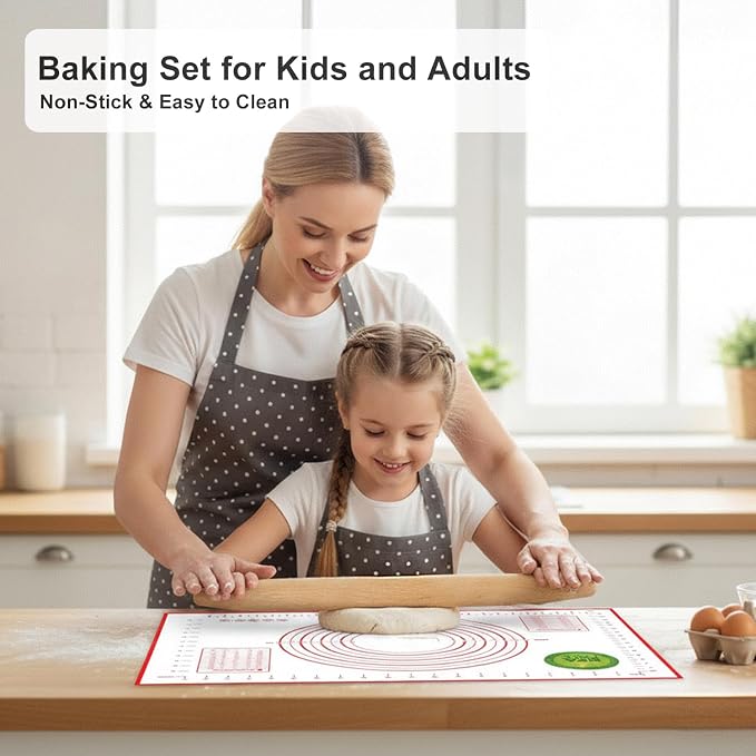 Rolling Pin and Silicone Baking Mat Set, Non-Stick Beech Wood Rolling Pin 15.7 Inch and Pastry Mat(40cm*60cm) for Best Pie Crust, Cookie, Pasta and Pizza Dough