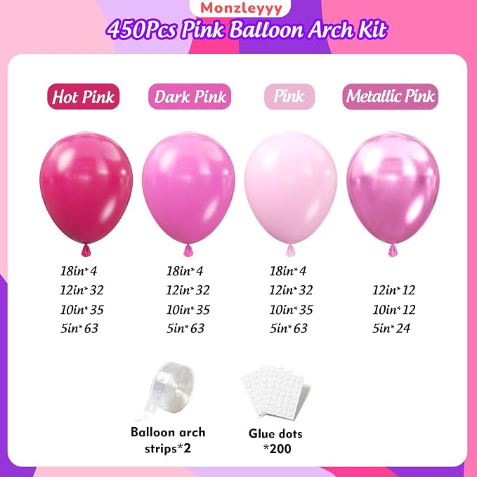450Pcs Pink Balloons Garland Arch Kit - 18 12 10 5 Inch Different Sizes Hot Pink Metallic Pink Shades of Pink Latex Balloon for Girl Birthday Baby Shower Princess Wedding Party Decorations