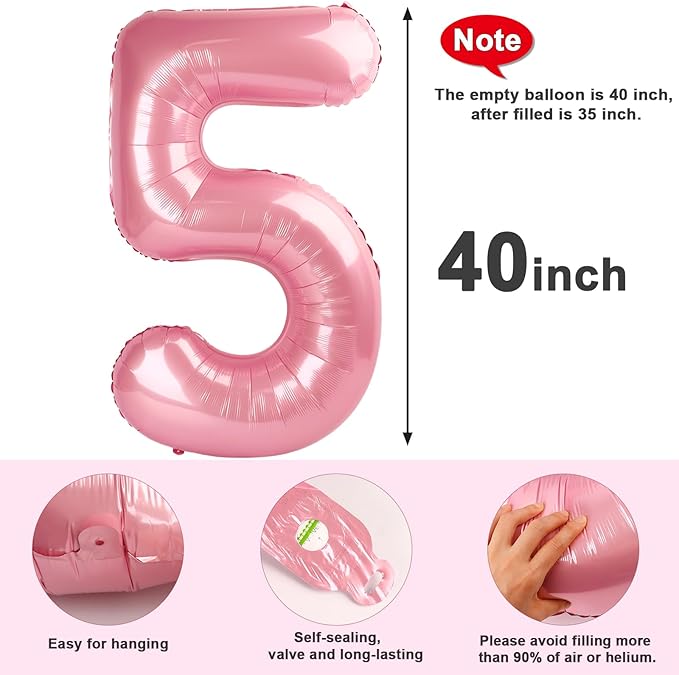 Balloon Numbers 40 Inch 5 Ballon for 5th Birthday Decorations, 15 25 35 50 Big Pastel Pink Number Balloons for Wedding Photo Shoot Party Decor