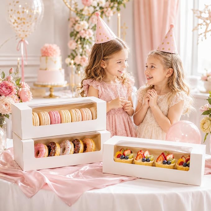 FORBFAN 50 Pcs Roll Cake Boxes 12x4x3.5 Inches, Rectangle Pumpkin Roll Packaging Boxes, White Bakery Pastry Boxes with Window for Swiss Roll, Loaf, Cinnamon Roll, Banana Bread