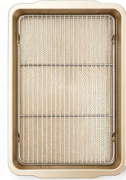 2-Piece Baking Set, 1 Nonstick 17'' Carbon Steel Baking Pan with 1 Raised Wire Rack | Deep Baking Sheets with Cooling Rack, Pizza Crisper, Crispy Bacon, Cooking Sheet Pan, Kitchen Cookware Set