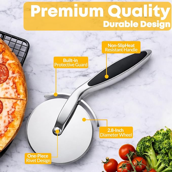 Pizza Cutter Wheel, Sharp Stainless Steel Pizza Slicer with Finger Guard, Non-Slip Comfortable Handle, Multi-Purpose Kitchen Cutter for Pizza, Pie, Dough and Pastry, Easy to Clean, Black