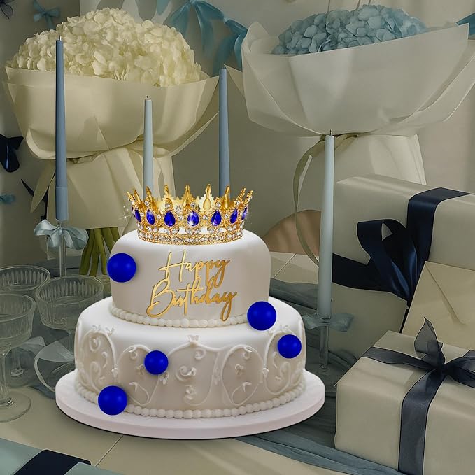 8 Pcs Gold and Blue Queen Crown Cake Topper for Women, Happy Birthday Cake Toppers Foam Balls Rhinestone Crystal Tiara Wedding Decoration for Princess Party Photo Props