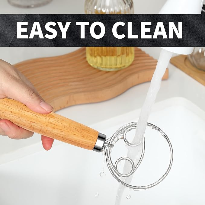Danish Dough Whisk Stainless Steel Wood Handle for Sourdough Bread | Food Grade Stainless Steel; Dutch Whisk Dough Hook Alternative; Hand Dough Mixer Stirrer; No Lumps Mixing; Dishwasher Safe