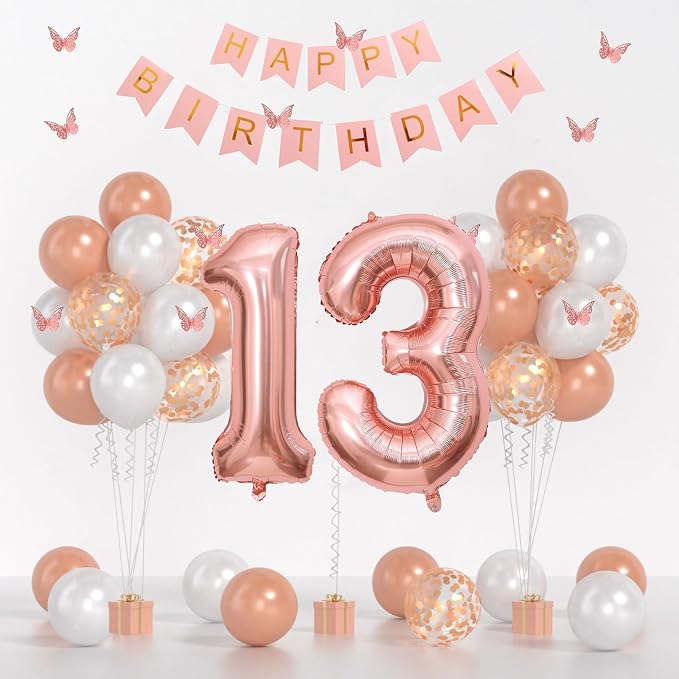 13th Birthday Decorations For Girls -Rose Gold Pearl White Balloons, 32 Inch Rose Gold "13" Balloon, 3D Butterflies Stickers, Happy Birthday Banner For Teen Girl 13th BD Decorations