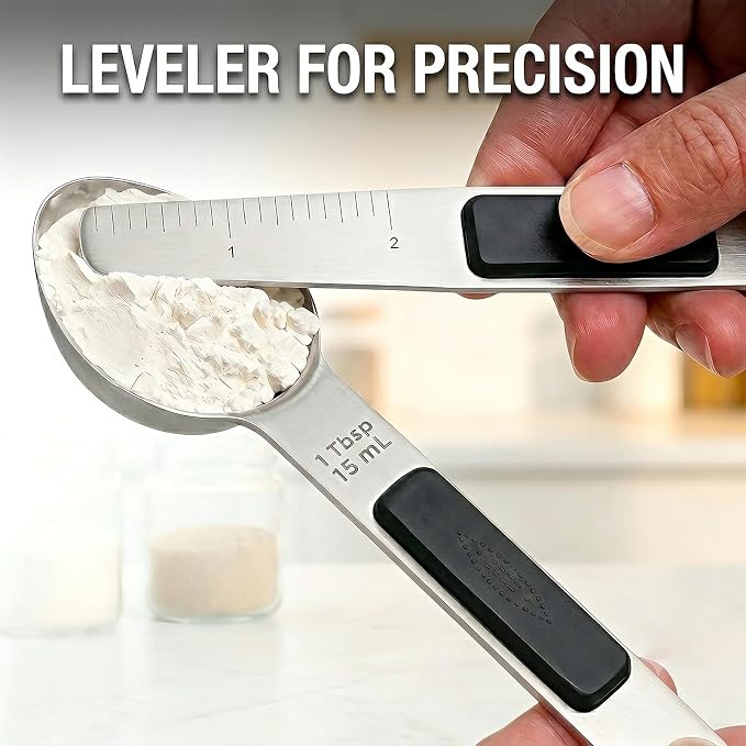Magnetic Measuring Spoons,Stainless Steel Dual Sided Tablespoons,Extra Long Handle for Deep Jars,Heart-Shaped&Square Heads that More Easier to Excavate,Laser Markings,Non-Slip Grip(set of 5)