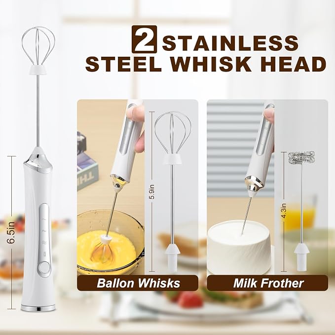 Handheld Electric Milk Frother with 2 Heads, Coffee Whisk Foam Mixer with USB Rechargeable 3 Speeds, Foam Maker Blender for Latte, Cappuccino, Hot Chocolate, Egg (Type 2)