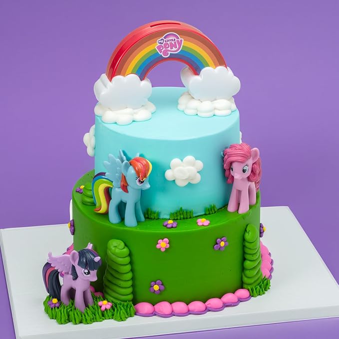 DecoSet® My Little Pony™ Over The Rainbow Signature Cake Topper, 4 Piece Decoration, Dash, Pinkie Pie, and Twilight Sparkle, Coin Bank, Collectable Figurines For Birthday