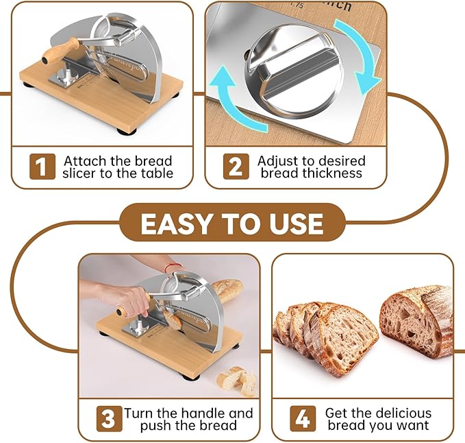 Upgrade Manual Bread Slicer for Homemade Sourdough Bread, Classic Hand Crank Home Bread Slicer With Scale Line and Steel Fence, Sharp Blade, Adjustable Width for Homemade & Commercial Use