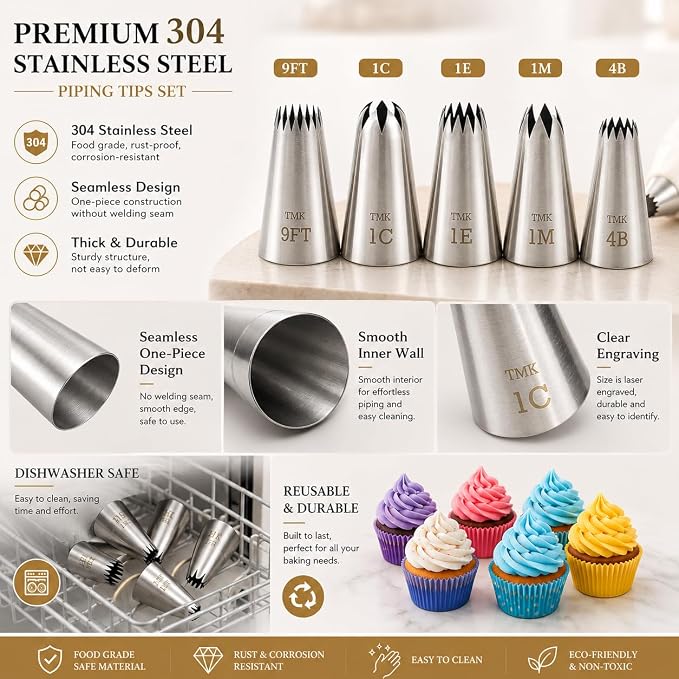 5 Pack Stainless Steel Seamless Piping Icing Tips #9FT 1C 1E 1M 4B, Large Star Piping Nozzle, Cake Decorating Tools for Baker