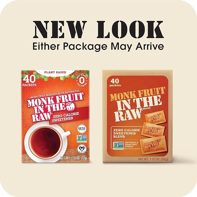 Monk Fruit In The Raw Sweetener Packets, 40 Ct, Keto Certified Monk Fruit Sweetener Packets, Zero Calories, Zero Net Carbs, Non-GMO Project Verified, Vega, Low Glycemic Index