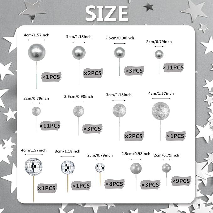 56 PCS Colorful Ball Shaped Cake Topper Pearl Balls Cupcake Cake Insert Topper for Birthday Party Wedding Decoration Supplies (Silver)