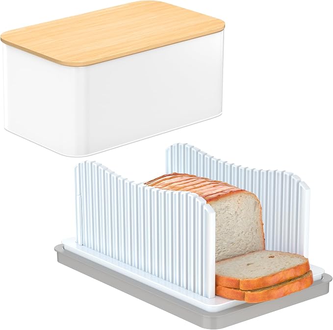CAWIU Bread Slicer for Homemade with Box, Foldable Bread Cutter with Crumb Tray, Adjustable Width Bread Slicing Guide for Loafs, Sandwiches, Bagels, and Cakes