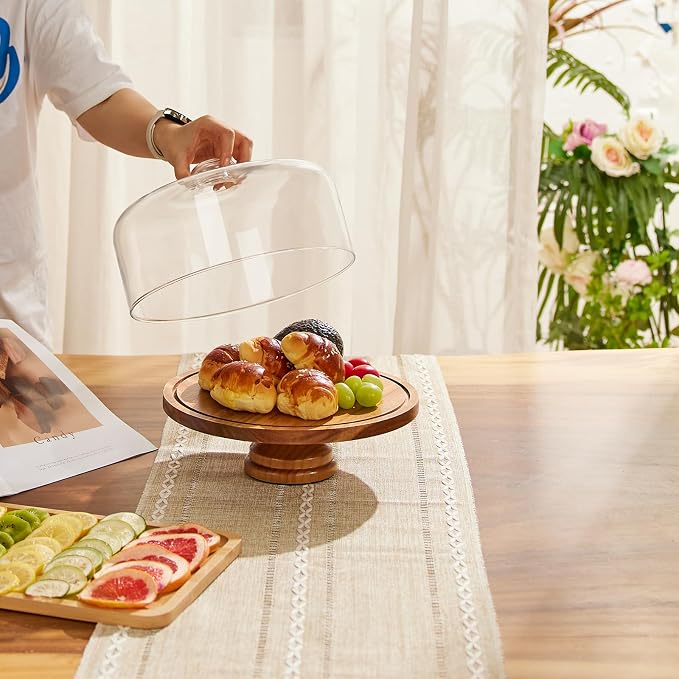 Yangbaga Glass Cake Stand with Lid,11in Wooden Rotating Cake Stand with Dome Cover, Cake Plate Display Server Tray for Birthday Kitchen Party