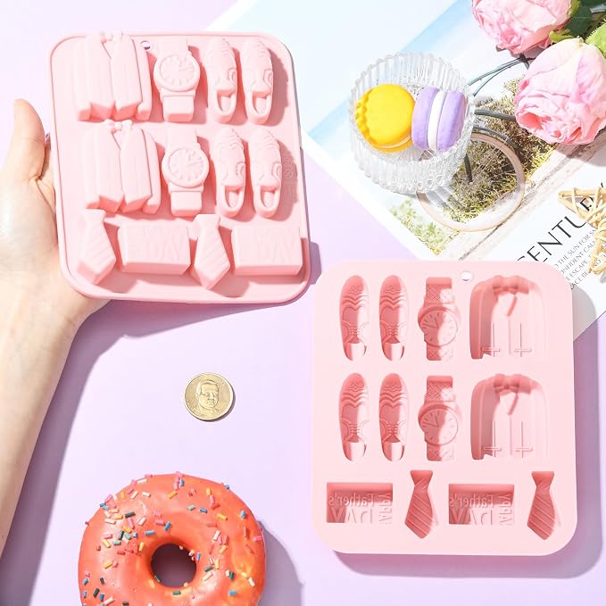 Ipotkitt 2pcs Pink Father's Day Themed Silicone Candy Molds Father Dad Love Suit Watch Gummy Molds for Jelly Fondant Chocolate Candy Mousse Ice Cake DIY Crafts