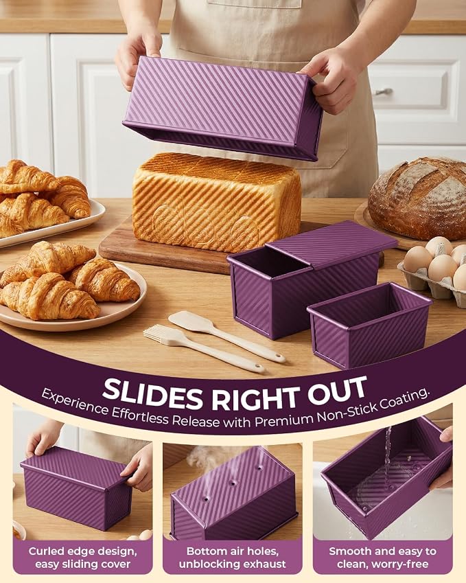 CARTMAN 3-Piece Pullman Loaf Pan with Lid Set – Non-Stick Carbon Steel Bread Pan with Bottom Vents – Includes Large (12"), Medium (8") & Mini (7") Sizes plus Silicone Tools – Plum Purple
