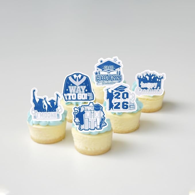60 PCS Edible 2026 Graduation Cupcake Toppers Class of 2026 Cupake Decorations Edible Done Diploma Congrats Grad Cupcake Picks for 2026 Graduation Theme Party Cake Decorations Supplies Blue Silver