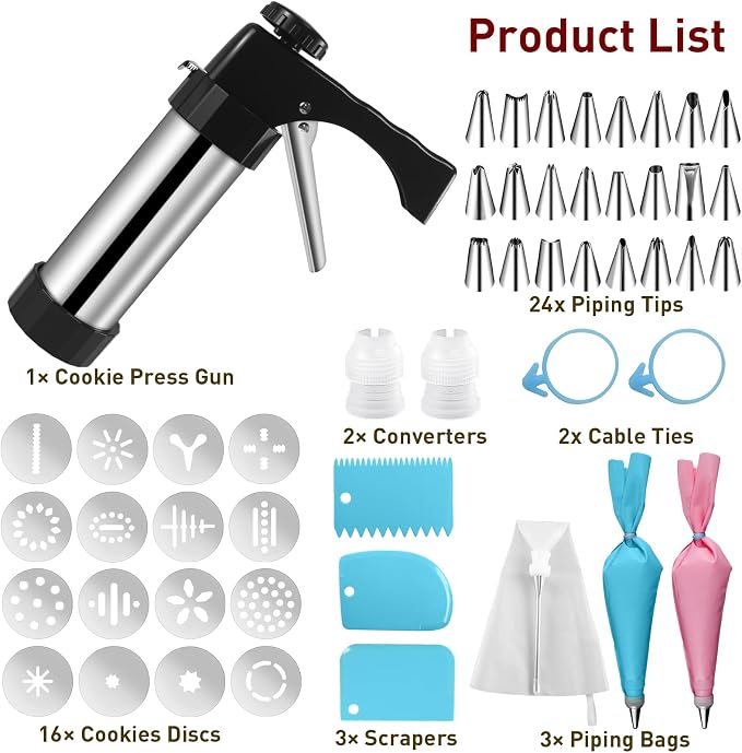 52 Pcs Cookie Press Gun Kit Stainless Steel Cookies Press Spritz Cookie Press Gun for Baking with 16 Cookie Discs,Piping Tips,Piping Bags for DIY Christmas Cookies Maker Cake Decorating