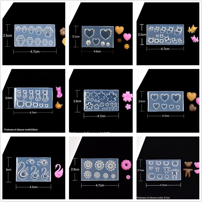 CoolDIY 3D Multipurpose Mini Silicone Mould Set: Heart, Cat, Bear, Cherry Blossom, Multiple Designs - Perfect for Clay Crafts, Nail Art Decor (10Pcs Group2)