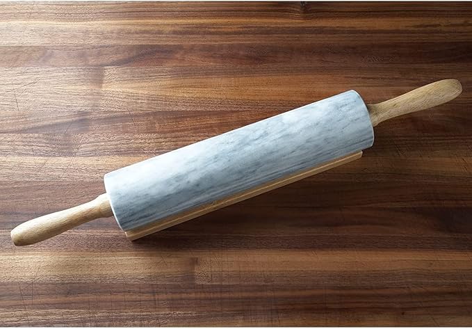 Fox Run Polished Marble Rolling Pin with Wooden Cradle, 10-Inch Barrel, White