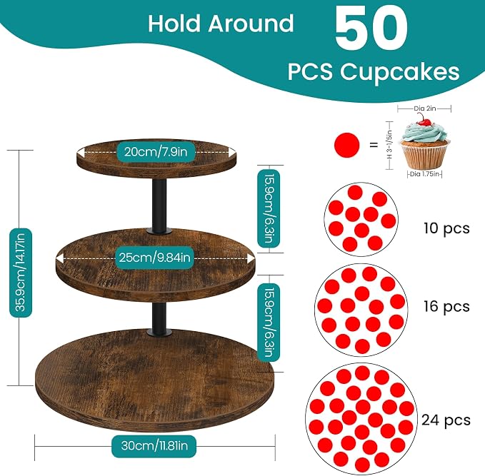 ELITEROO 3 Tier Cupcake Stand for 50 Cupcakes, Rotating Wooden Cake Stand, Rustic Dessert Display Tower with Tiered Trays, Round Cupcake Holder for Wedding Birthday Baby Shower Tea Party, 2 Pack