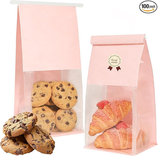 100 Bakery Bags with Window, 5.1x3.9x11 Inches Paper Bread Bags, Tin Tie Tab Lock Cookie Bags Food Storage Bag for Snacks, Popcorn, Candies, 120 pcs Stickers Included (100, Medium)