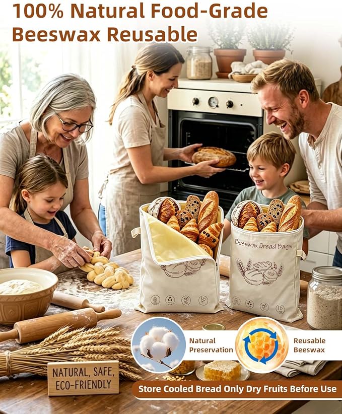 2 Pack Reusable Beeswax Bread Bags for Sourdough, Natural Cotton Bread Bags for Homemade Bread, 17×13'' L-shaped Side Zipper Breathable Beeswax Wraps, Keep Fresh, Homesteading Essentials