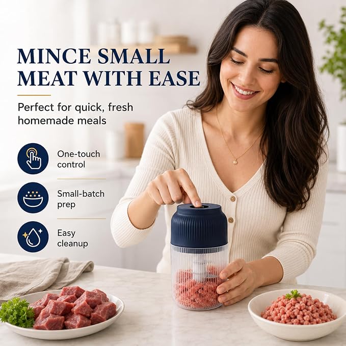 Electric Garlic Chopper, Mini Cordless Food Processor with 6 Stainless Steel Blades, USB Rechargeable Vegetable Mincer for Garlic, Onion, Ginger, Chili, Nuts, Meat & Meal Prep，White：4Blades