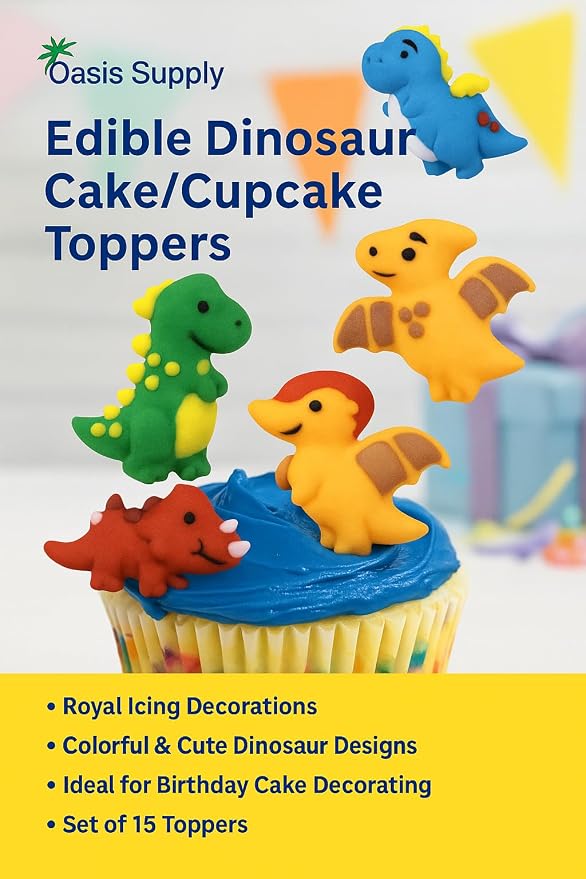 Oasis Supply Edible Dinosaur Cake & Cupcake Toppers – Royal Icing Dino Decorations in Red, Green, Blue & Yellow – Cute Edible Prehistoric Designs for Kids’ Birthday Cakes, Cupcakes & Party Treats