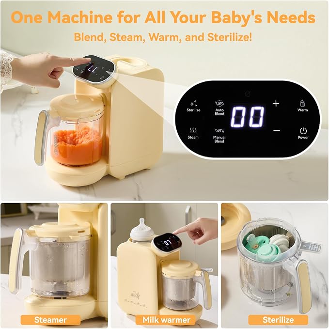 Chefhandy Baby Food Maker, Steamer & Blender with Stainless Steel Basket, Puree Maker with Auto/Manual Blend, Bottle Warmer & Sterili-zer, Safe & Easy-to-Clean Compact Baby Food Processor (Yellow)