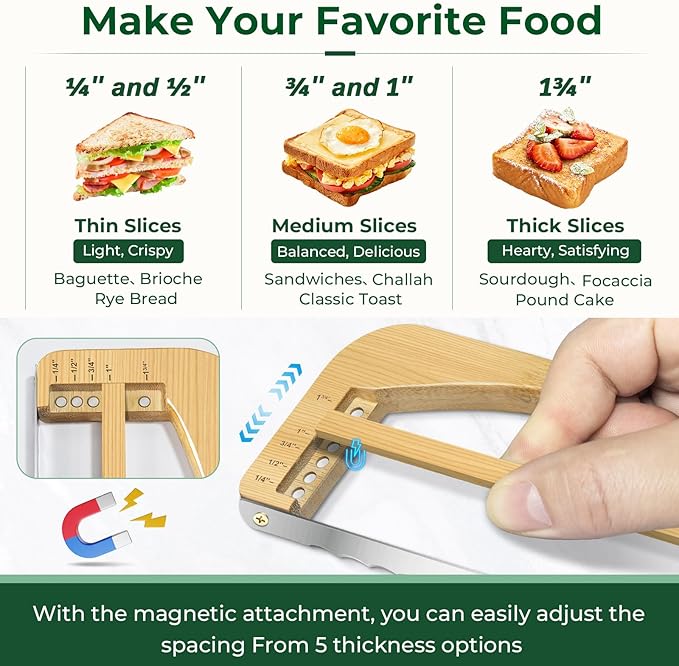 Adjustable Bread Slicer for Homemade Bread, 16.5'' Sourdough Bread Knife with Magnetic Adjustment Mechanism 5 Thickness Guides, Stainless Steel Serrated Bread Cutter for Bagels, Baguettes (Natural)