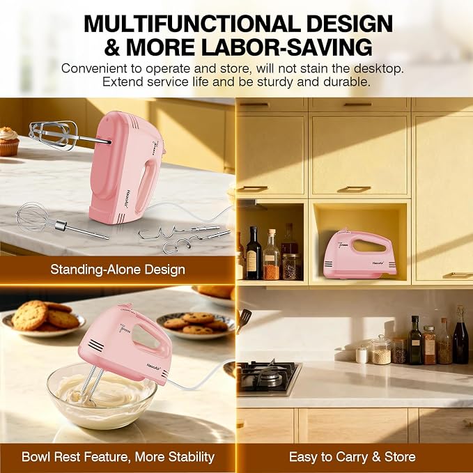 Electric Kitchen Mixer, Small 7-Speed Mixer, Dishwasher-Safe 304 Accessories (1 Whisk, 2 Dough Hooks, 2 Beaters), Mixes Various Ingredients, for Both Beginners and Bakers, Pink