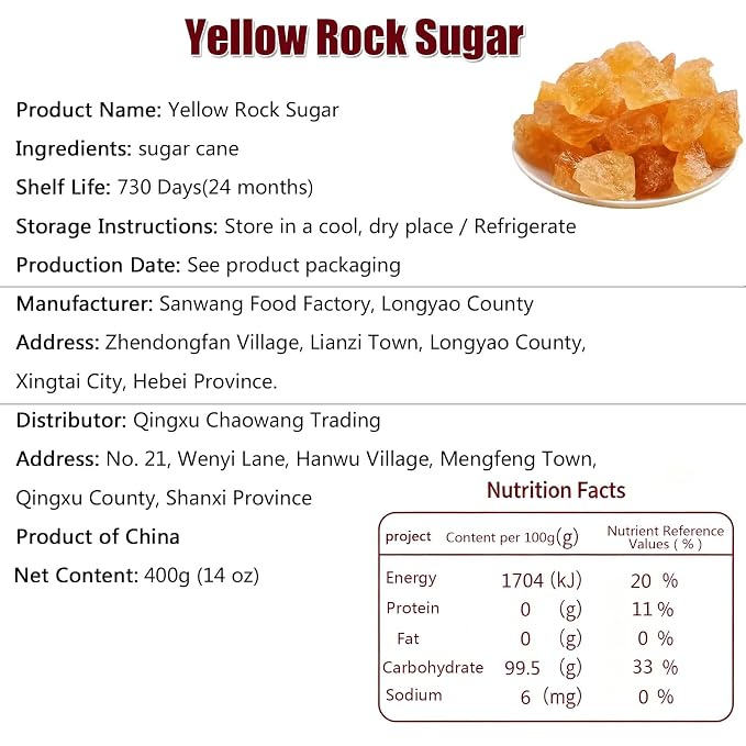 Natural Crystal Rock Sugar 14.1oz, 100% Natural Cane Sugar Crystals,Chinese Rock Sugar for Pho, Bubble Tea, Baking & Asian Desserts