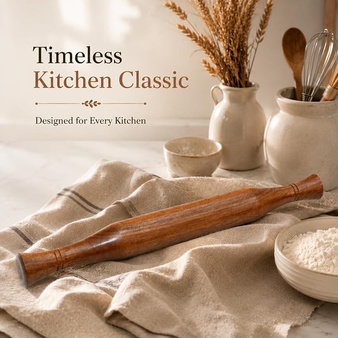 Wooden Rolling Pin With Ergonomic Handles for Baking & Pastry Kitchen Tool 14 inch, Natural Wood Dough Roller for Pizza, Pie, Cookies & Roti (Brown)