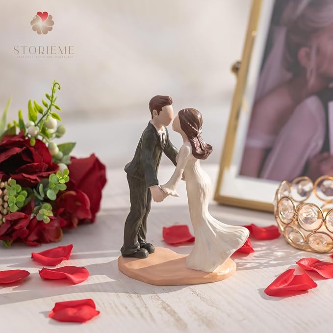 Storieme Bride and Groom Cake Topper: 5.3" Elegant Vintage Wedding Toppers for Cake - Romantic Engagement Newlyweds Kissing Resin Figurines Couple Gifts for Anniversary