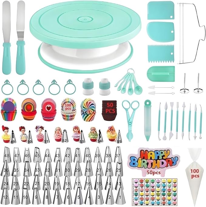 Cake Decorating Kit, 390 Pcs Baking Supplies (Green) | Cake Turntable, Leveler, 55 Numbered Icing+Skirt Tips, 2 Spatulas, 3 Scrapers, 100 Pastry Bags,150 Cupcake Liners & More
