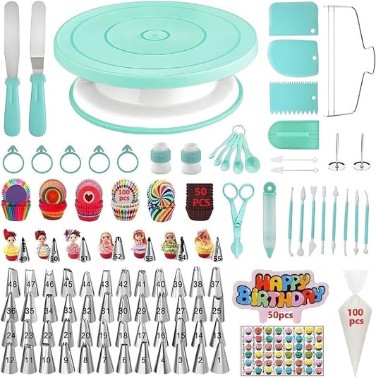 Cake Decorating Kit, 390 Pcs Baking Supplies (Green) | Cake Turntable, Leveler, 55 Numbered Icing+Skirt Tips, 2 Spatulas, 3 Scrapers, 100 Pastry Bags,150 Cupcake Liners & More