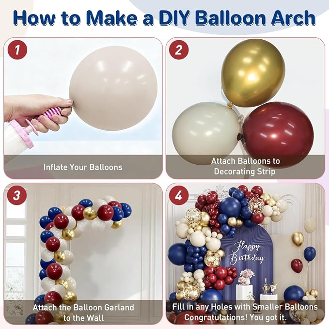 Red White and Blue Balloon Garland Arch Kit, 167Pcs Midnight Blue Burgundy Sand White Metallic Gold Balloons for Graduation Birthday Wedding Christmas New Year Party Decor