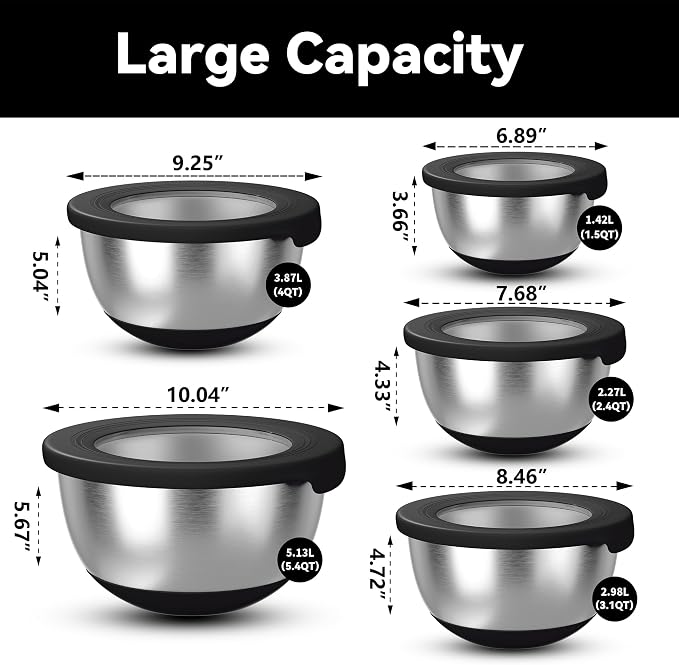 KITEISCAT Stainless Steel Mixing Bowls with Lids – Set of 5 Large Nesting Metal Bowls for Kitchen, Baking, Cooking, Food Prep & Storage, Non-Slip Base, Dishwasher Safe,Black