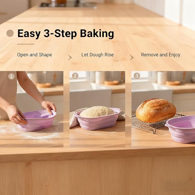 2 Pcs Silicone Bread Proofing Baskets, Collapsible Sourdough Bread Baking Supplies Dough Proofing Box Oven Safe for Artisan Bread Making for Professional and Home Bakers (Yellow and Purple)