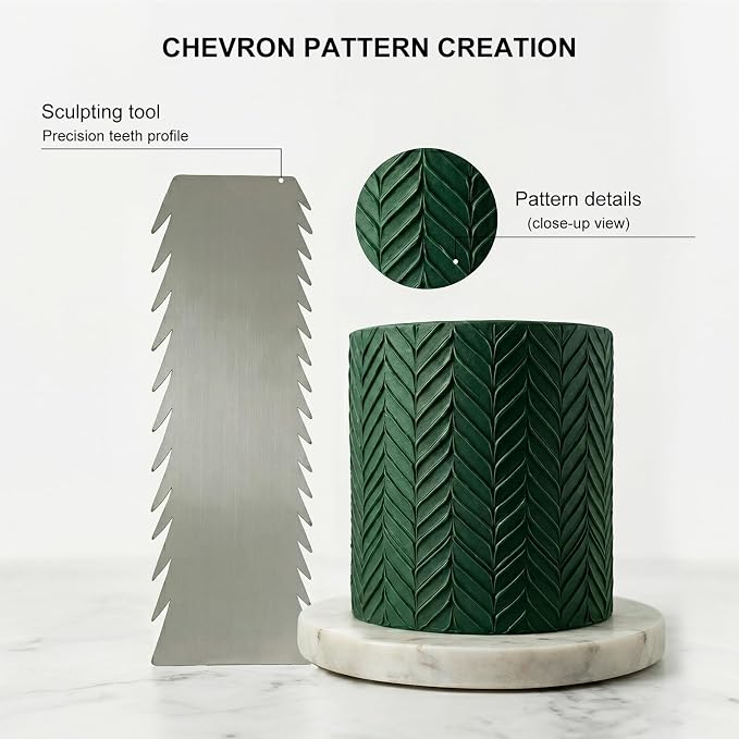 3 Pcs Stainless Steel Cake Scraper Set, 8.7 Inch Chevron Fir-Tree, Double-Sided Stripe & Wave, Smooth Edge Icing Smoother for Buttercream Cake Decorating