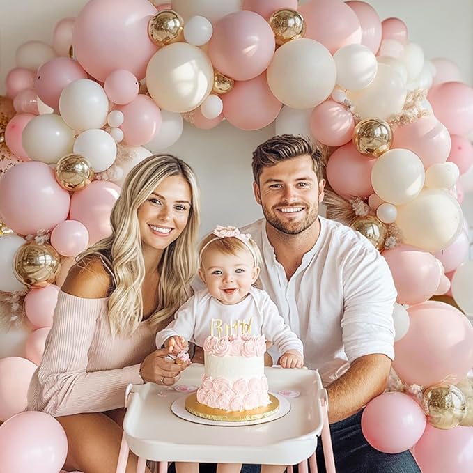 Pink Beige White Balloons Arch Kit - 144 pcs Light Pastel Pink Beige Sand White Chrome Gold Bobo Balloons for Engagement Wedding Bridal Shower Birthday Princess Party Decorations