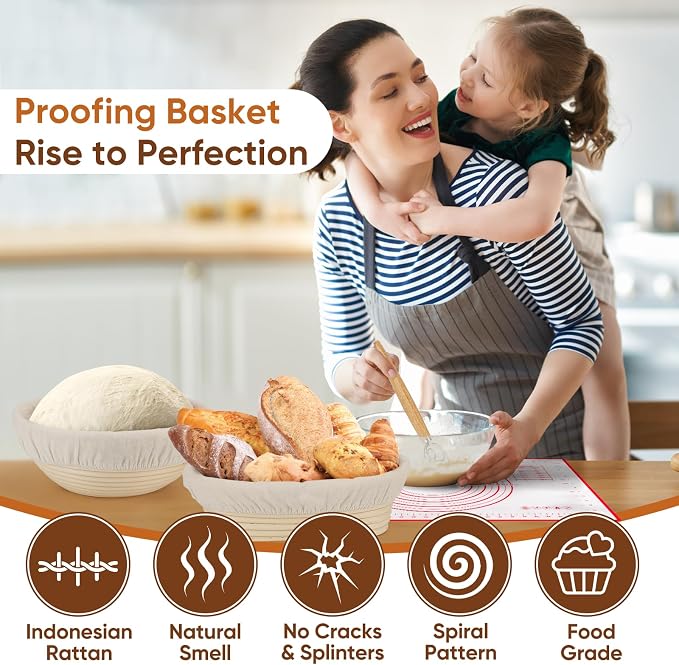 Sourdough Starter Kit with Round 9" & Oval 10" Banneton Bread Proofing Baskets, Starter Jar, Dough Whisk, Scraper & Bread Sling, Complete Sourdough Bread Baking Supplies Gift Set for Home Bakers