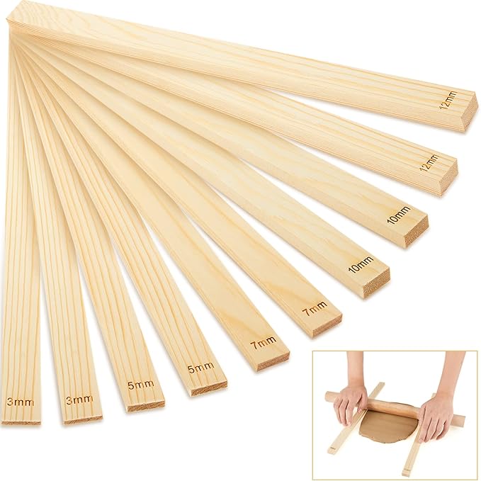 Sasylvia 10 Pcs Clay Pottery Rolling Pin Guides Wood Teaching Rolling Mud Stick Guide Set Polymer Clay Depth Thickness Guide Pottery Mudboard Tools (5 Size,Wood Color)