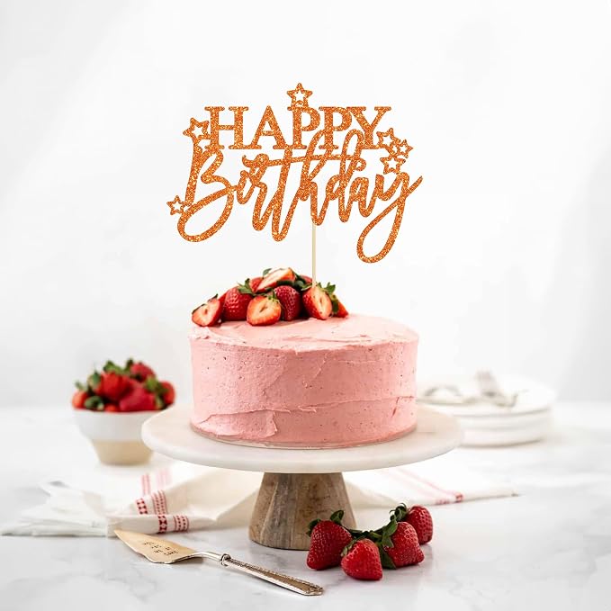 Gyufise 1Pcs Happy Birthday Cake Topper Glitter Cake Pick for Celebrating Anniversary Theme Party Cake Decorations Supplies Light Orange