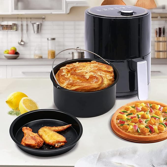 2Pcs Air Fryer Accessories, 7 Inch Air Fryer Pizza Cake Pan and Baking Cake Barrel Deep with Non-Stick Coating,Round Airfryer Baking Cake Pan Accessory Set