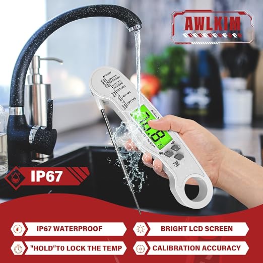 AWLKIM Digital Meat Thermometer, Instant Read Thermometer, White | Food thermometer for grill, BBQ, candy, oil and baking; backlit display, foldable probe and magnetic storage.