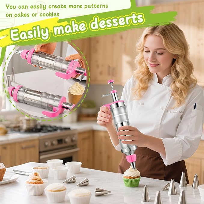 NOVANO Dessert Decorating Syringe Set, Frosting Piping Kit | Stainless Steel, 54 Piping Tips, 9 Silicone Cupcakes, Cake Decorating Kit, Cupcake Decorating Kit