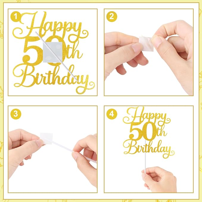 Happy 50th Birthday Cake Topper for 50th Birthday Decorations Numeral 50 Candle with Glitter Heart Cupcake Picks Set for Men Women Hello 50 Birthday Anniversary Party Cake Decor Supplies（GOLD）
