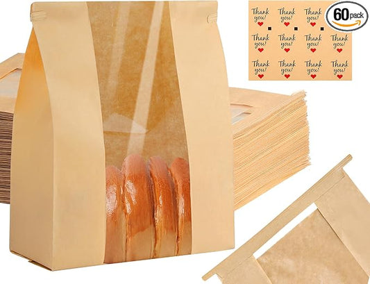 woric 60 Pack Paper Bread Bags for Homemade Bread 14" X 8.3" X 3.5", Sourdough Bread Bags with Tin Tie Tab Lock Clear Front Window and Label Seal Stickers Bakery Bags for Cookies Bread and Treats